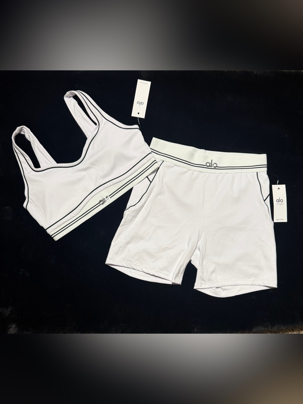 ALO Yoga White Ribbed Sports Bra & High-Waist Shorts with Black Trim